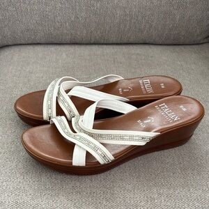 Italian Shoemakers White and Brown Crystal-Trim Wedge Sandals Size 9.5